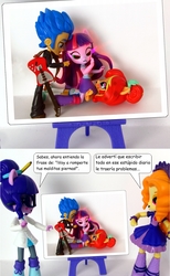 Size: 850x1381 | Tagged: safe, artist:whatthehell!?, edit, adagio dazzle, flash sentry, sunset shimmer, twilight sparkle, equestria girls, g4, boots, cheater, clothes, coat, doll, equestria girls minis, eqventures of the minis, fight, fury, glasses, guitar, irl, pencil, photo, shoes, spanish, sunset sushi, toy, tuxedo