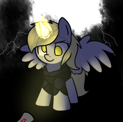 Size: 1298x1290 | Tagged: safe, artist:neuro, derpy hooves, alicorn, pegasus, pony, g4, my little pony: the movie, alicornified, armor, derpicorn, evil, female, flashlight (object), glowing horn, horn, mare, race swap, solo, xk-class end-of-the-world scenario