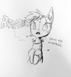 Size: 1296x1399 | Tagged: safe, artist:tjpones, oc, oc only, earth pony, fly, pony, undead, worm, zombie, zombie pony, black and white, bust, dialogue, grayscale, inktober, monochrome, no pupils, solo, stitched body, stitches, traditional art