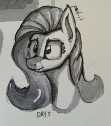 Size: 1200x1367 | Tagged: safe, artist:post-it, fluttershy, g4, bust, female, grayscale, ink, ink wash painting, inktober, monochrome, portrait, solo, traditional art