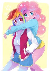 Size: 724x1024 | Tagged: safe, artist:yam, pinkie pie, rainbow dash, equestria girls, g4, belly button, hug, looking at you, midriff