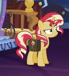 Size: 568x629 | Tagged: safe, screencap, sunset shimmer, pony, unicorn, equestria girls, equestria girls specials, g4, my little pony equestria girls: mirror magic, bag, cropped, female, horn