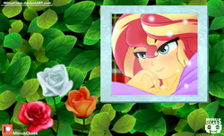 Size: 2470x1500 | Tagged: safe, artist:minusclass, sunset shimmer, equestria girls, g4, bust, clothes, female, flower, patreon, patreon logo, portrait, smiling, solo