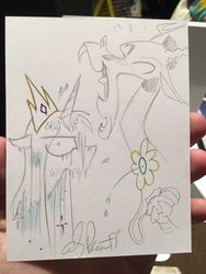Size: 1536x2048 | Tagged: safe, artist:andypriceart, discord, princess celestia, alicorn, draconequus, g4, andy you magnificent bastard, celestia is not amused, laughing, monochrome, soaked, traditional art, unamused, wet mane
