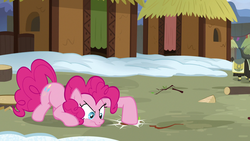 Size: 1280x720 | Tagged: safe, screencap, pinkie pie, pony, yak, g4, not asking for trouble, female, mare, solo focus, stomping, twig, unnamed character, unnamed yak
