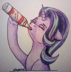 Size: 1436x1461 | Tagged: safe, artist:deltahedgehog, derpibooru exclusive, starlight glimmer, pony, unicorn, g4, alcohol, cute, drink, drinking, eyes closed, female, mare, solo, traditional art, vodka