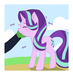 Size: 1280x1319 | Tagged: safe, artist:grim ponka, starlight glimmer, oc, oc:anon, human, pony, unicorn, g4, blushing, cloud, colored, cute, disembodied hand, eyes closed, female, glimmerbetes, hand, nuzzling, offscreen character, petting, smiling