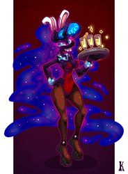 Size: 823x1120 | Tagged: safe, artist:kaliptro, nightmare moon, anthro, unguligrade anthro, g4, alcohol, bunny suit, clothes, female, grin, hand on hip, smiling, solo, tray, waitress