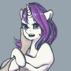 Size: 1000x1000 | Tagged: safe, artist:kira-minami, rarity, human, pony, unicorn, g4, annoyed, fangs, hand, offscreen character, petting, simple background, tsundere