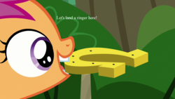 Size: 1280x720 | Tagged: safe, edit, edited screencap, editor:korora, screencap, scootaloo, g4, marks and recreation, horseshoes, mouth hold, scootaloo will show us games to play, text