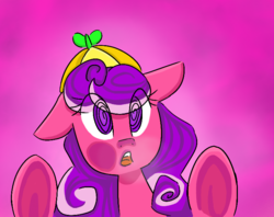Size: 733x581 | Tagged: safe, artist:mayellasterben, screwball, pony, g4, against glass, female, glass, gradient background, hat, open mouth, pressed against screen, solo, swirly eyes