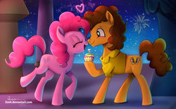 Size: 1024x635 | Tagged: safe, artist:incinerater, artist:xzeit, cheese sandwich, pinkie pie, earth pony, pony, g4, boop, collaboration, cupcake, female, fireworks, food, male, marriage proposal, noseboop, rainbow cupcake, ship:cheesepie, shipping, straight
