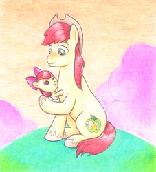 Size: 1877x2067 | Tagged: safe, artist:maran-zelde, apple bloom, bright mac, earth pony, pony, g4, adorabloom, baby, baby apple bloom, baby pony, brightabetes, cowboy hat, cute, duo, duo male and female, father and daughter, female, hat, male, sitting, stetson, traditional art