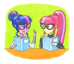 Size: 2816x2464 | Tagged: safe, artist:maran-zelde, moondancer, sci-twi, twilight sparkle, equestria girls, g4, book, duo, equestria girls-ified, fgsfds, glasses, high res, let me tell you why that's bullshit, nerd, open mouth, traditional art