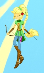 Size: 551x916 | Tagged: safe, artist:maran-zelde, applejack, equestria girls, g4, my little pony equestria girls: friendship games, archery, arrow, bow (weapon), bow and arrow, clothes, cute, eyes closed, female, freckles, pants, solo, weapon