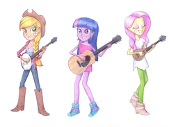 Size: 3475x2544 | Tagged: safe, artist:maran-zelde, applejack, fluttershy, twilight sparkle, equestria girls, g4, acoustic guitar, banjo, boots, clothes, cowboy boots, cowboy hat, eyes closed, female, freckles, hat, high heel boots, high res, mandolin, musical instrument, pants, shoes, simple background, sneakers, stetson, traditional art, twilight sparkle (alicorn), white background
