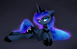 Size: 1921x1222 | Tagged: safe, artist:magnaluna, princess luna, alicorn, pony, g4, colored wings, cute, draw me like one of your french girls, female, galaxy mane, horseshoes, looking at you, lunabetes, mare, prone, smiling, solo