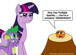 Size: 900x654 | Tagged: safe, artist:aleximusprime, spike, twilight sparkle, dragon, pony, g4, annoying orange