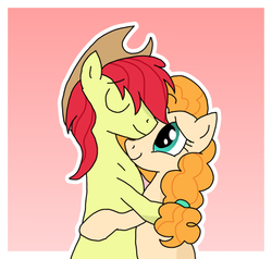 Size: 491x467 | Tagged: safe, artist:manulis, bright mac, pear butter, earth pony, pony, g4, the perfect pear, cowboy hat, cute, eyes closed, female, gradient background, hat, hug, love, male, mare, ship:brightbutter, shipping, smiling, stallion, stetson, straight