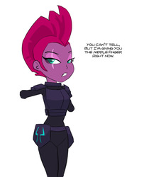 Size: 773x950 | Tagged: safe, artist:carnifex, tempest shadow, equestria girls, g4, my little pony: the movie, amputee, armless, armor, equestria girls-ified, eye scar, eyeshadow, female, implied vulgar, makeup, mohawk, scar, simple background, solo