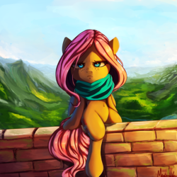 Size: 1800x1800 | Tagged: safe, artist:miokomata, fluttershy, pegasus, pony, g4, bored, clothes, female, looking at you, mare, scarf, scenery, signature, sitting, solo