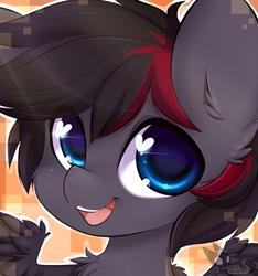 Size: 600x642 | Tagged: safe, artist:teranen, oc, oc only, oc:mystic thunder, pegasus, pony, black mane, blue eyes, bust, colored pupils, gray coat, heart eyes, looking at you, red mane, smiling, solo, wingding eyes