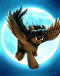 Size: 2950x3784 | Tagged: safe, artist:pridark, oc, oc only, oc:kraggera, pegasus, pony, commission, flying, full moon, high res, moon, night, open mouth, solo, stars, sunglasses, underhoof