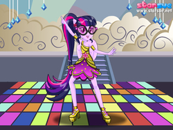 Size: 800x600 | Tagged: safe, artist:user15432, sci-twi, twilight sparkle, human, equestria girls, equestria girls specials, g4, my little pony equestria girls: dance magic, advertisement, dance floor, female, glasses, humanized, pegasus wings, ponied up, pony ears, sci-twilicorn, solo, starsue, winged humanization, wings, wondercolts