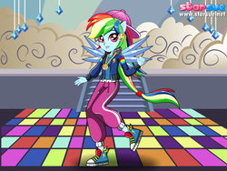 Size: 800x600 | Tagged: safe, artist:user15432, rainbow dash, equestria girls, equestria girls specials, g4, my little pony equestria girls: dance magic, advertisement, clothes, converse, crystal wings, dance floor, dressup, ear piercing, earring, female, hat, jewelry, pegasus wings, piercing, ponied up, pony ears, rapper dash, shoes, sneakers, solo, starsue, winged humanization, wings, wondercolts