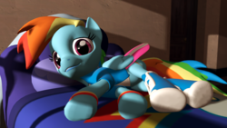 Size: 1920x1080 | Tagged: safe, artist:razethebeast, rainbow dash, pegasus, pony, g4, 3d, bed, bedroom, boots, clothes, equestria girls outfit, female, mare, shoes, skirt, solo, source filmmaker, wristband