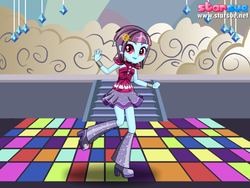 Size: 800x600 | Tagged: safe, artist:user15432, sunny flare, equestria girls, equestria girls specials, g4, my little pony equestria girls: dance magic, my little pony equestria girls: friendship games, clothes, crystal prep shadowbolts, dance floor, dress, dressup, ear piercing, earring, female, jewelry, piercing, shoes, solo, starsue, wristband