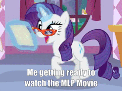 Size: 449x335 | Tagged: safe, edit, edited screencap, screencap, rarity, pony, unicorn, g4, my little pony: the movie, animated, cute, excited, female, gif, glasses, glasses rarity, hype, image macro, mare, meme, rarara, raribetes, solo, tippy taps, trotting, trotting in place