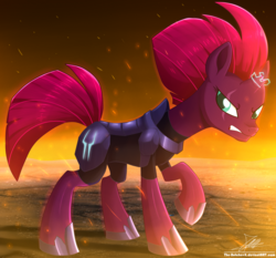 Size: 1871x1742 | Tagged: safe, artist:the-butch-x, tempest shadow, pony, unicorn, g4, my little pony: the movie, armor, broken horn, electricity, eye scar, female, hoof shoes, horn, mare, raised hoof, scar, signature, solo, sparking horn