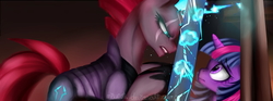 Size: 4995x1855 | Tagged: safe, artist:misucats, tempest shadow, twilight sparkle, alicorn, pony, unicorn, g4, my little pony: the movie, armor, cage, concave belly, electricity, high res, open mouth, scene interpretation, sternocleidomastoid, twilight sparkle (alicorn), watermark