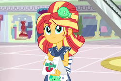 Size: 6000x4000 | Tagged: safe, artist:spottedlions, sunset shimmer, puffer fish, equestria girls, g4, good vibes, my little pony equestria girls: summertime shorts, absurd resolution, alternate hairstyle, apron, bag, canterlot mall, clothes, cute, dress, female, happi, indoors, shimmerbetes, smiling, solo, sunset sushi, uniform