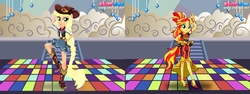 Size: 1600x600 | Tagged: safe, artist:user15432, edit, applejack, sunset shimmer, equestria girls, equestria girls specials, g4, my little pony equestria girls: dance magic, clothes, dance floor, dress, dressup, hat, high heels, matching, ponied up, pony ears, shoes, starsue, wondercolts