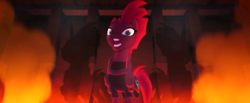 Size: 1366x565 | Tagged: safe, edit, edited screencap, screencap, tempest shadow, pony, g4, my little pony: the movie, the making of my little pony: the movie, armor, broken horn, curved horn, female, horn, mare, open up your eyes, singing, solo