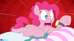 Size: 2560x1440 | Tagged: safe, artist:rupert, pinkie pie, earth pony, pony, series:30 dayz of pinks, g4, bed, female, late, mare, messy mane, pillow, prone, red background, shocked, simple background, solo, watch, wristwatch