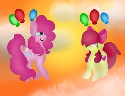 Size: 2500x1920 | Tagged: safe, artist:littlelynxs04, apple bloom, pinkie pie, earth pony, pony, g4, balloon, cloud, floating, then watch her balloons lift her up to the sky