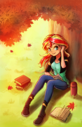 Size: 648x1000 | Tagged: safe, artist:the-park, sunset shimmer, human, equestria girls, g4, autumn, book, female, maple leaf, sitting, solo, tree