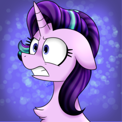 Size: 1000x1000 | Tagged: safe, artist:vale-bandicoot96, starlight glimmer, pony, unicorn, g4, abstract background, angry, bust, chest fluff, female, floppy ears, frown, gritted teeth, mare, portrait, solo, teeth