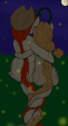 Size: 1297x2379 | Tagged: safe, artist:wesleyfoxx, derpibooru exclusive, bright mac, pear butter, firefly (insect), monster pony, original species, tatzlpony, g4, both cutie marks, colored, female, hug, intertwined tails, male, mare in the moon, moon, night, pencil drawing, rear view, ship:brightbutter, shipping, species swap, straight, tentacle tongue, tentacles
