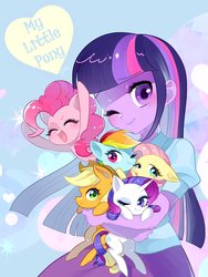 Size: 1000x1333 | Tagged: safe, artist:yam, applejack, fluttershy, pinkie pie, rainbow dash, rarity, twilight sparkle, alicorn, human, pony, equestria girls, g4, chibi, hug, mane six, micro, one eye closed, title drop, twilight sparkle (alicorn), wink