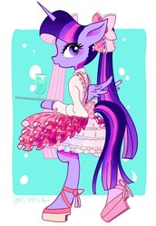 Size: 687x1000 | Tagged: safe, artist:yam, twilight sparkle, alicorn, semi-anthro, g4, alternate hairstyle, bow, clothes, cute, dress, drink, female, hair bow, pigtails, profile, solo, tray, twiabetes, twilight sparkle (alicorn)