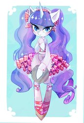 Size: 1023x1488 | Tagged: safe, artist:yam, rarity, pony, unicorn, g4, alternate hairstyle, blushing, clothes, dress, female, mare, pigtails, solo, twintails