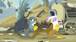 Size: 1920x1080 | Tagged: safe, screencap, gabby, gilda, king grover, griffon, g4, the fault in our cutie marks, cart, excited, griffonstone, happy, implied rainbow dash, statue, unamused