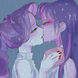 Size: 1999x1999 | Tagged: safe, artist:yam, rarity, twilight sparkle, human, equestria girls, g4, blushing, duo, female, kiss on the lips, kissing, lesbian, rain, ship:rarilight, shipping