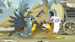 Size: 1920x1080 | Tagged: safe, screencap, gabby, gilda, griffon, g4, the fault in our cutie marks, cart, griffonstone, happy, letter, majestic, spread wings, wings