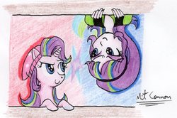 Size: 1836x1220 | Tagged: safe, artist:mitconnors, starlight glimmer, human, pony, unicorn, equestria girls, g4, accessory theft, beanie, duo, hat, human ponidox, inktober, inktober 2017, looking at each other, self ponidox, traditional art