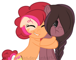 Size: 694x551 | Tagged: safe, artist:ipandacakes, oc, oc only, oc:chimi cherry cheesecake, oc:humor mimi pie, earth pony, pony, female, hug, mare, offspring, parent:cheese sandwich, parent:pinkie pie, parents:cheesepie, simple background, sisters, transparent background